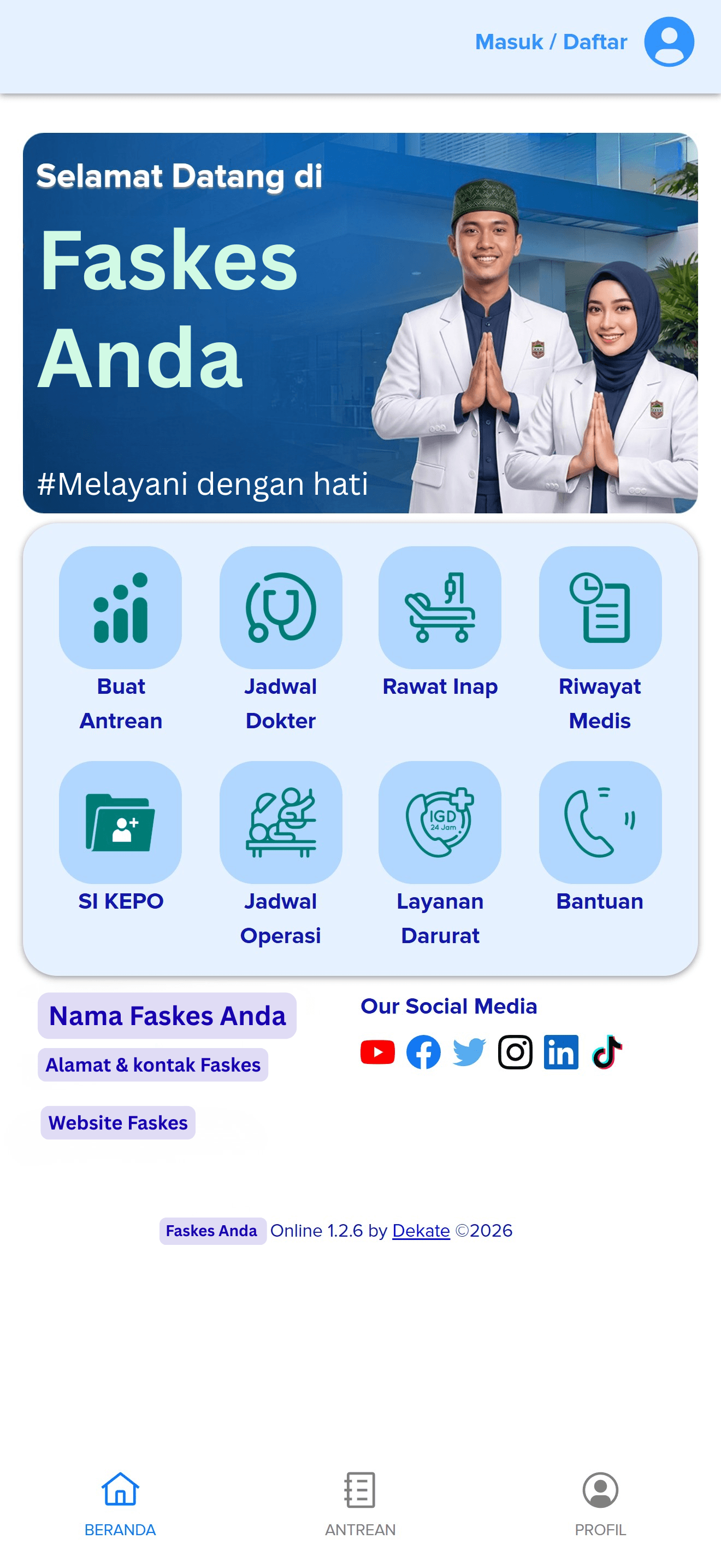 Tampilan beranda aplikasi pasien DekaGo (white-label)